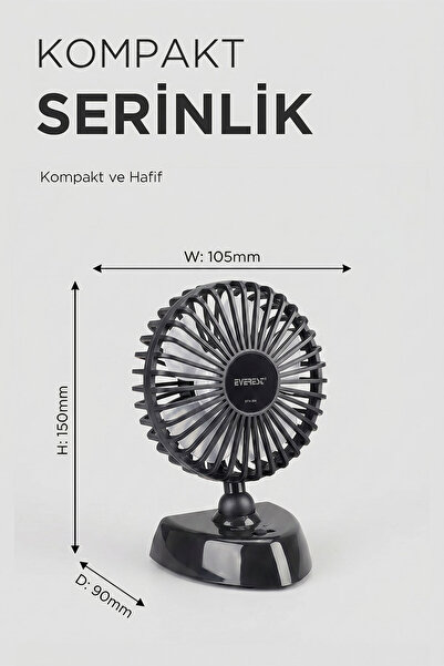 Everest Efn-504 360 Derece Dönüş Çift 2 Kademeli 3200rpm Taşınabilir Mini Masaüstü Siyah Usb Fan Vantilatör