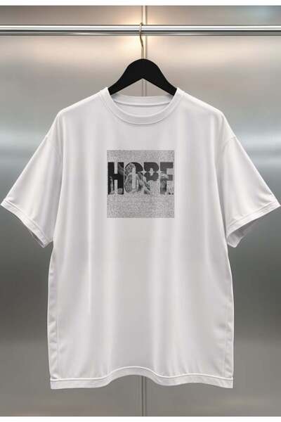buzagi tasarım ürünleri Hope Digital Print Oversize White Unisex T-Shirt
