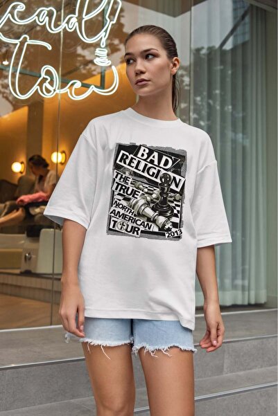 buzagi tasarım ürünleri Bad Religion Oversize Fit Unisex White T-Shirt