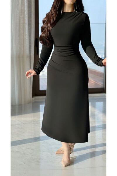 Livia Women's Solid Midi Dress with Long Sleeves
