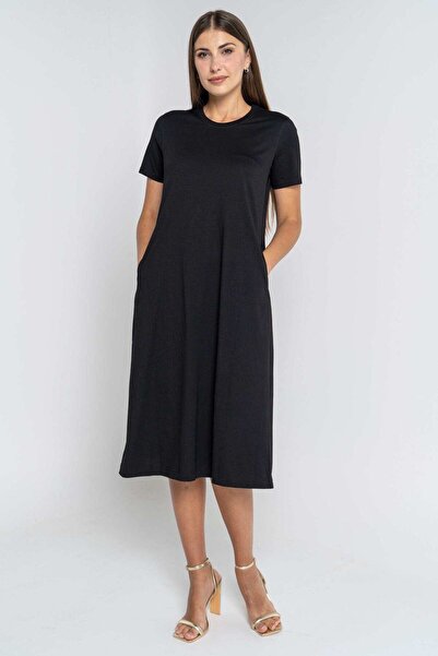mica Plain Midi Dress with Short Sleeves and Pockets