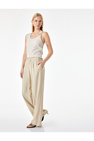 Koton Viscose Fabric Textured Straight-Leg Trousers with Elastic Waist and Po...
