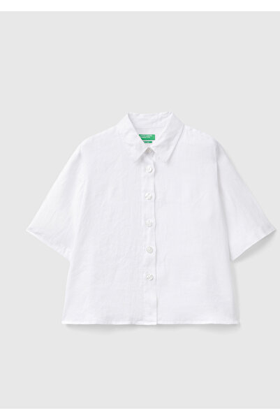 United Colors of Benetton Kadın Beyaz %100 Keten Yarım Kollu Düz Gömlek