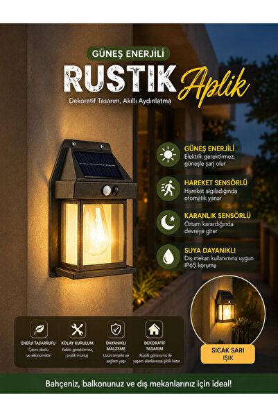 SARFEX Güneş Enerjili Solar Duvar Lambası Rustik Ampul Gün Işığı Dekoratif So...