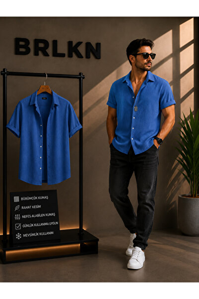 BRLKN Boyfriend Fit Gofre Kumaş Alaçatı Stili Unisex Bürümcük KISA KOL GÖMLEK