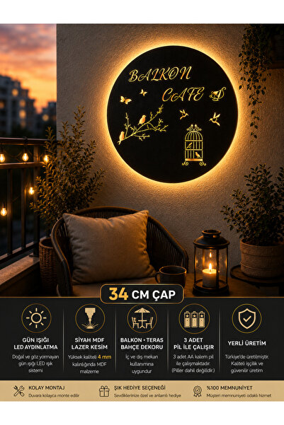 metora Balkon Cafe LED Işıklı 4MM MDF Duvar Dekoru – Siyah MDF Lazer Kesim De...