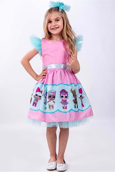 Buse&Eylül Bebe Pembe Bebek Desenli Tül Detaylı Kız Çocuk Parti Elbisesi