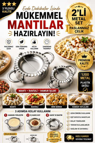 Mycl 2'li Mantı Kalıbı Seti | Mantı Yapma Aparatı | Hamur Katlama ve Kesme Ap...