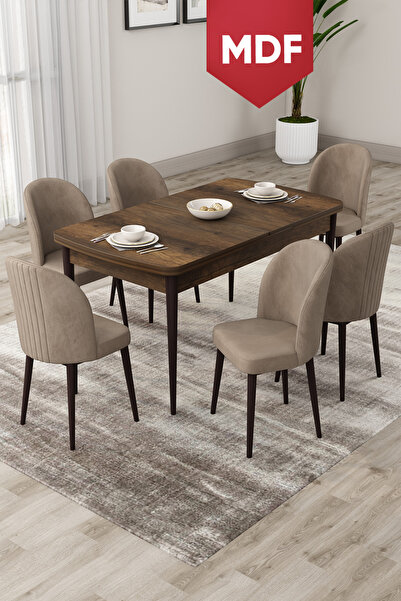 Canisa Roe Serisi Açılabilir MDF 80x132 Barok Ahşap Desen Masa Takımı Ve 6 Ca...