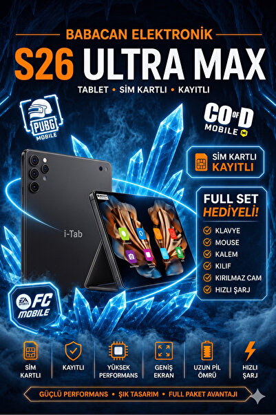İ-TAB S26 Ultra Max Tablet - 16GB RAM 1TB Hafıza | Şarj Aleti Klavye Mouse Kalem Kılıf Full Set