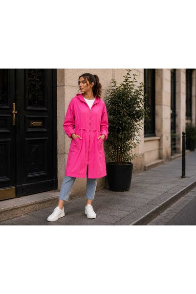 genelartp75 Pembe Belden Büzgülü Kapüşonlu Uzun Rüzgarlık Trençkot
