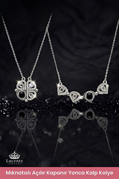 Lucente Jewellery 925 Ayar 100 Dilde Seni Seviyorum Yazan Gümüş Mıknatıslı Açılır Kapanır Kalp Kalpten 4 Yapraklı Yoncaya Dönüşen 2'si 1 Arada Yoncalı 4 Kalpli Hediyelik Özel Tasarım Küpe Hediyeli Kadın Kolye