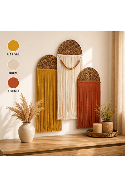 Wicker Underplate Design 3-Piece Macrame Beads Detailed Wall Ornament Set - Bohemian Decorative Wall Decor