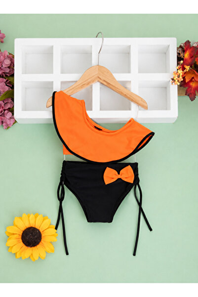 İray Kız Çocuk Turuncu Siyah Fırfır Yaka Detaylı Bikini Takım – Ayarlanabilir...