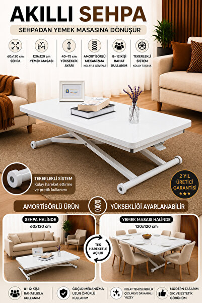 SEHPAM AKILLI Akıllı Sehpa Home Üst Tabla Mdf Beyaz Alt Mekanizma Beyaz Renk