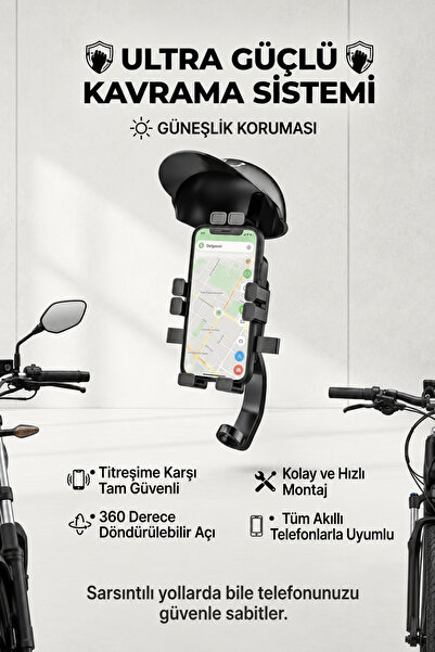 Universal Şapka Korumalı Motosiklet Telefon Tutucu Gidon ve Dikiz Aynası Uyumlu