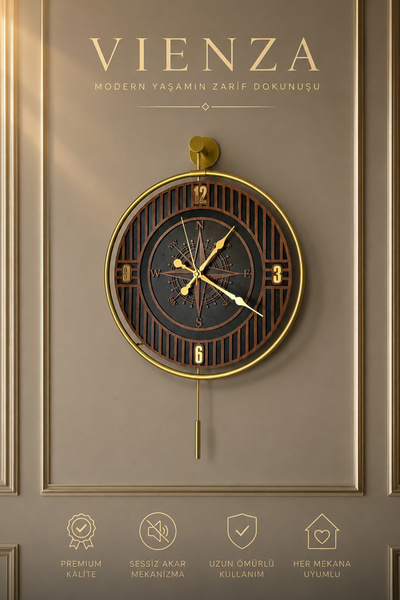 Wallover Design Vienza Pusula Desenli Gold Metal Duvar Saati - Özel Tasarım K...
