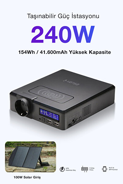 Kensa 240W Taşınabilir Güç İstasyonu 41600 mAh Kablosuz Şarjlı Solar Destekli...