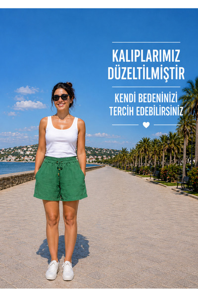 MİRA BUTİK شورت وبرمودا نسائي من قماش الكتان المخلوط بخصر مطاطي كبير الحجم وجيوب