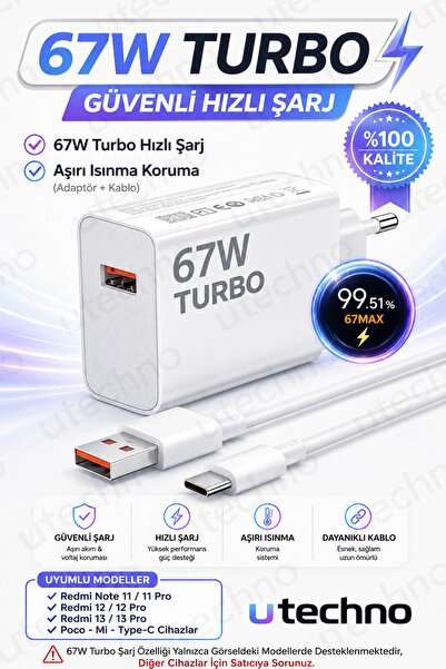 utechno 67W (WATT) Turbo Hızlı Şarj Adaptör+Kablo(Set) Xiaomi Redmi Note 11/1...