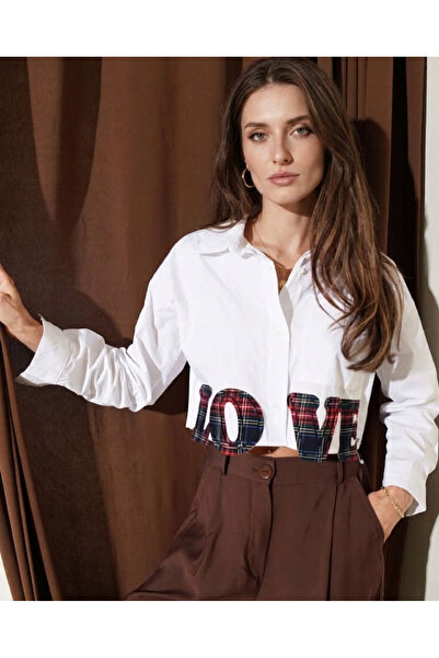 EsSo butik Women's Love Embroidered Plaid Detailed Poplin Crop Shirt
