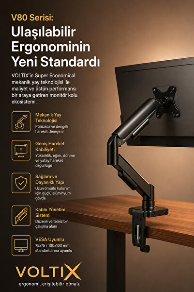 voltix V80 Ergonomik Amortisörlü 17 - 35 inch Monitör Kolu 2 - 9 Kg Monitör S...