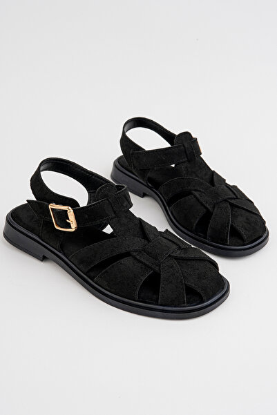 RoseVeno Дамски черни велурени сандали с каишки и удобна подметка за всеки ден