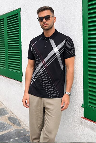 Madmext Siyah Desenli Polo Yaka Erkek Tişört 6079