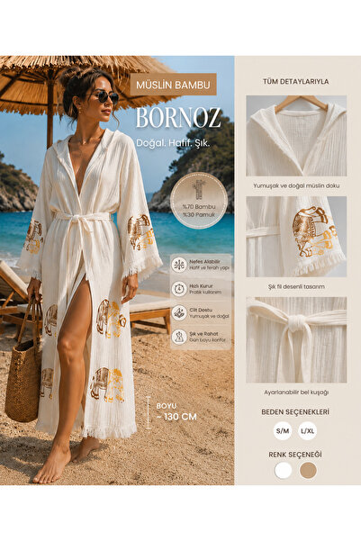 Store Kapüşonlu Fil Detaylı Kadın Plaj Kimono Müslin Bornoz– Ekru