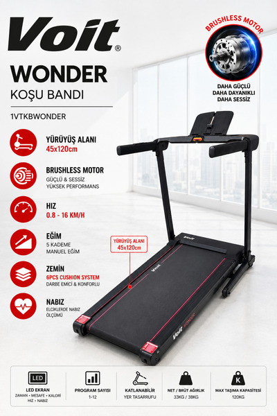 Voit Wonder Koşu Bandı Brushless Motor 16 Km/H Katlanabilir Yürüyüş ve Koşu B...