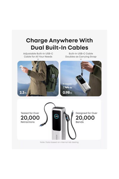 Anker 25.000 mAh. Porturi iesire USB A: 1, Numar porturi USB tip C: 1. Putere totala iesire: 165 W, 5 A, argintiu