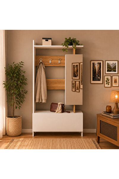 Decorotika TOVEL PORTMANTO BEYAZ TEAK AYNALI