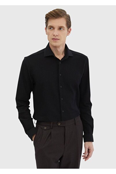 Ramsey Μαύρο ριγέ πουκάμισο casual με άνετη εφαρμογή, 100% βαμβακερό