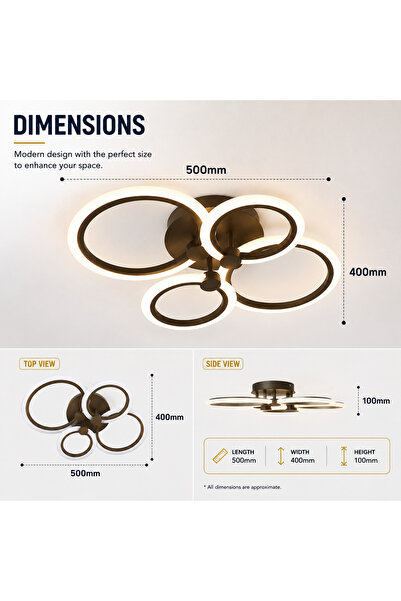 Sueva Plafonieră LED cu 4 cercuri, Maro cafea, Telecomandă, 72 W, 50 x 40 cm