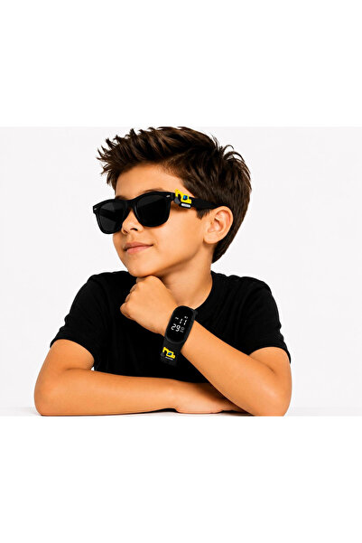 Rodium Children's Wristwatch Led Watch and Glasses Set with Black Scoop Emoji