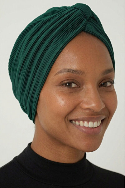 elysianfidan Cross Pleated Band Lined Green Ready-To-Wear Turban Hijab Pool C...