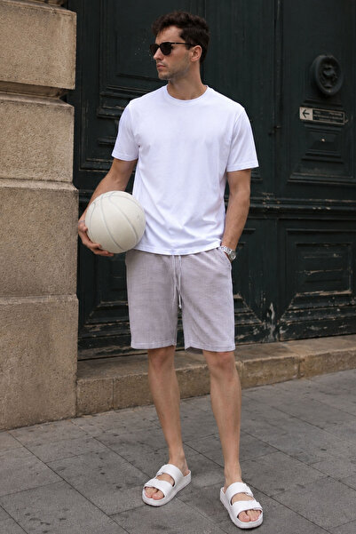 Madmext Adjustable Waist Cotton Linen Men's Shorts 6542 - Black Striped