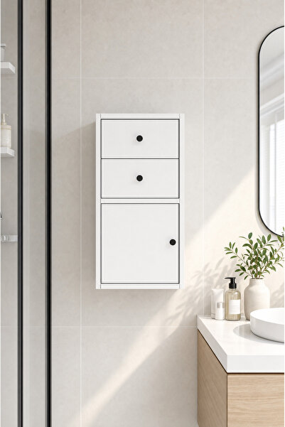 Nettrends Kapaklı Çekmeceli Beyaz Duvar Tipi Banyo Rafı BNY-1013