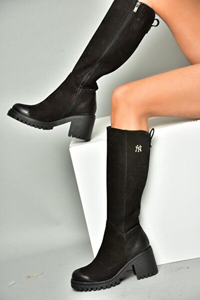 Fox Shoes R654034003 Γυναικείες μπότες μαύρες από γνήσιο δέρμα με χοντρό τακούνι