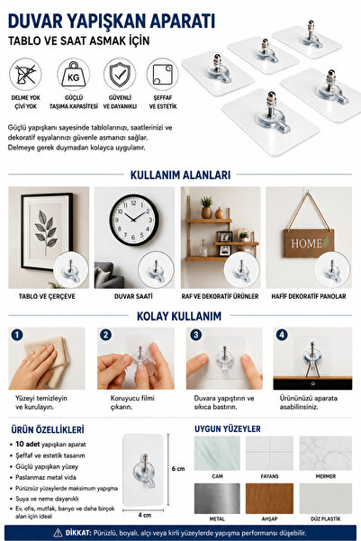 Blue Home Lıght 10 Adet Duvar Delmeden Zarar Vermeden Yapışkanlı Askılık Çivi Şeffaf Güçlü BHL