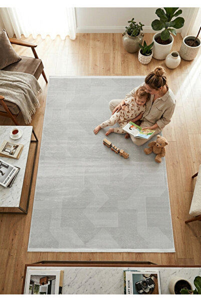 Merinos Vista %100 Akrilik Gri Geometrik Modern Desenli Kesme Halı Yolluk Ant...