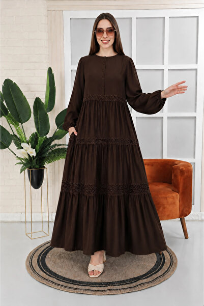 AZRA BUTİK Magnolia Pattern Lace Detailed Dress Brown
