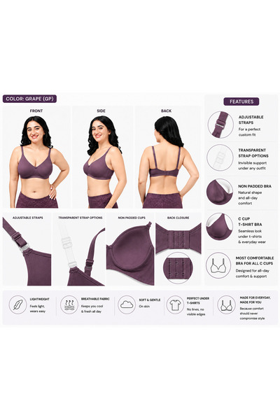 RAJNI Women's Bra C Cup Soft PolyCotton Non-Padded Anti-Sag Seamless Double L...