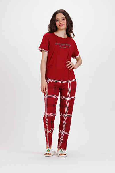 Ecrou Kadın Bordo Ekose Alt Pudra T.Shırt Baskılı 2Li Pijama Takım