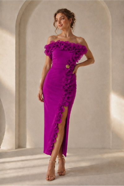 Divin store Rochie elegantă fucsia cu volane și bretele la alegerea dvs