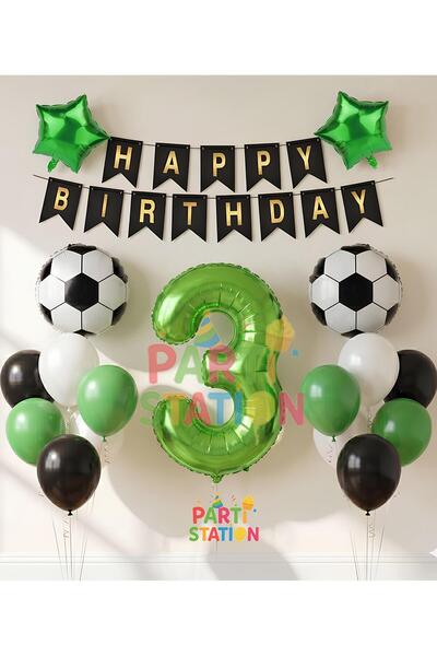 Parti Station Football Match Concept Green Number 3 Years Old Balloon Footbal...