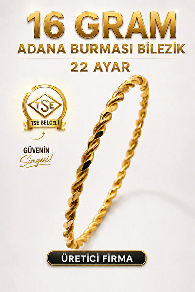 Aks Gold 22 Ayar TSE Belgeli 16 GRAM Adana Burması Bilezik Altın Gold Bilezik...