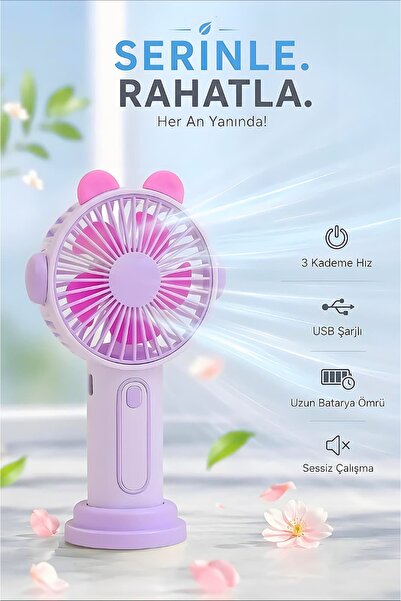 Kensa Şarjlı Taşınabilir Sevimli Kulak Tasarımlı Mini Fan 3 Kademeli Hız Tele...