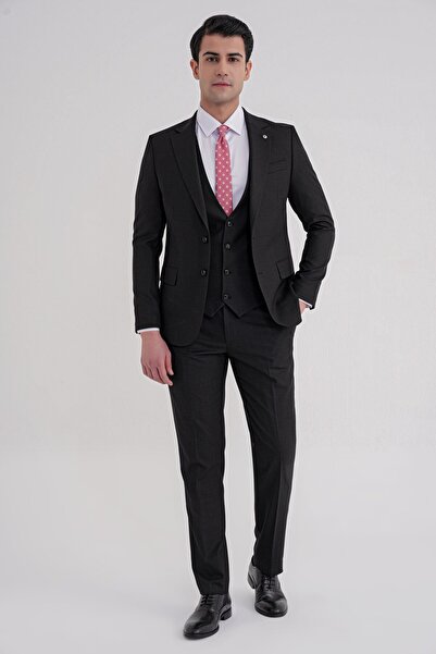 Efor Slim Fit Mono Collar Double Slit Dobby Stretch Wool Black Vest Classic S...