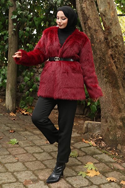 Missvalle Belted Fur Jacket Claret Red 19278